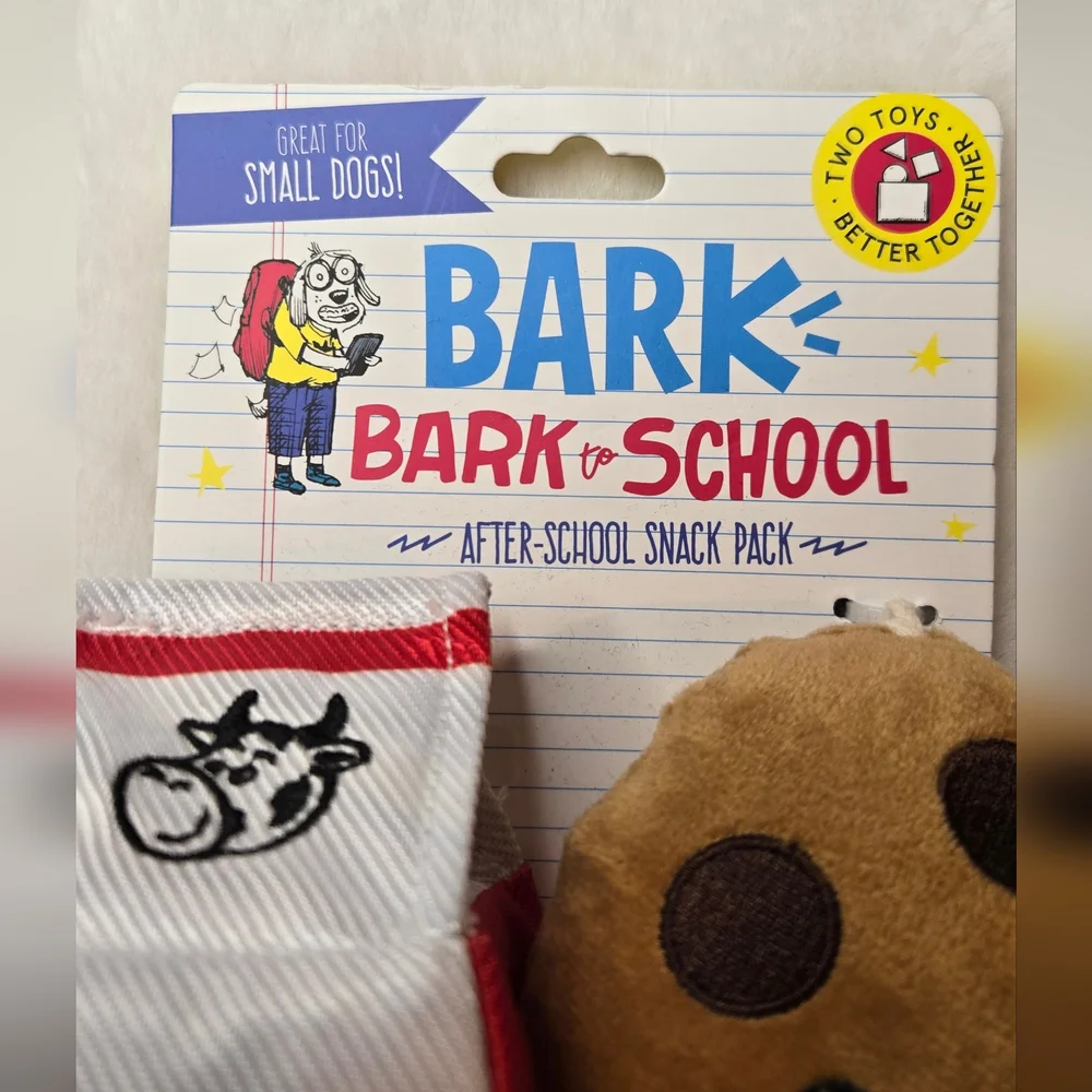 Bark Box Bark To School After-School Snack Pack Milk Cookie Squeaker Toy Set New